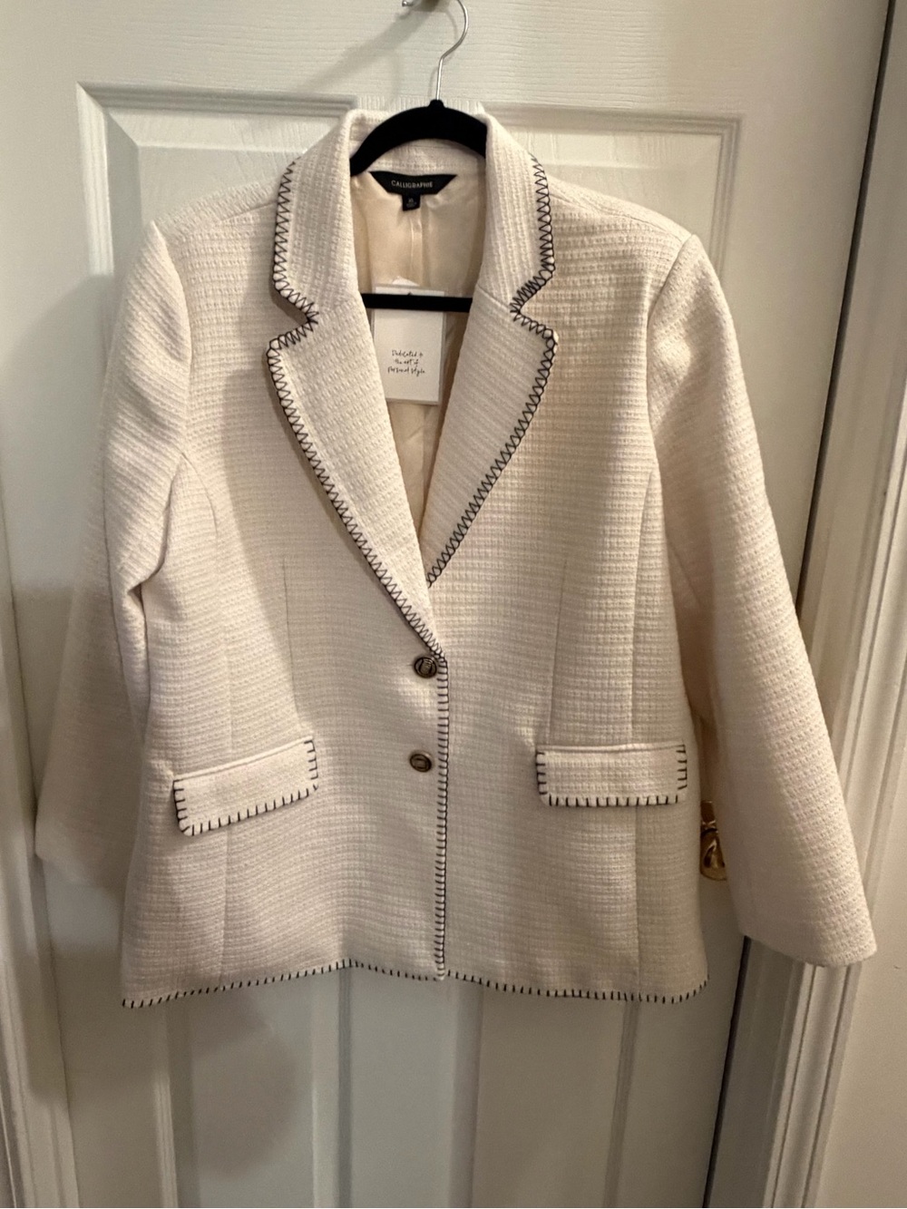 Calligraphie Cream Textured Blazer with Contrast Stitch Detailing